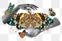 Surreal vintage butterfly png sticker, woman's hands creative remix on transparent background