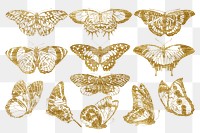 Gold glittery butterfly png sticker, aesthetic insect set, transparent background. Remixed from the artwork of E.A. Séguy.