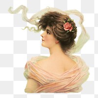 Rosebud png sticker, vintage woman portrait on transparent background.  Remastered by rawpixel