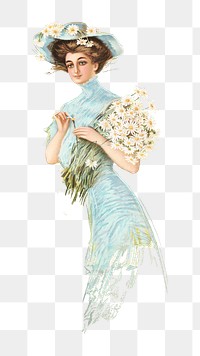 Woman png holding daisy bouquet on transparent background.   Remastered by rawpixel