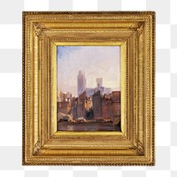 Framed Rouen Cathedral png, Sunrise painting, luxurious wall decor on transparent background, remixed by rawpixel.