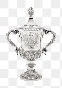 PNG silver two-handled covered cup clipart, transparent background. Remixed by rawpixel.