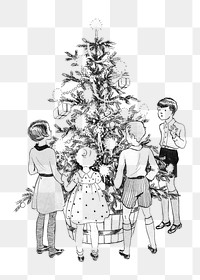 Kids png gathering around Christmas tree on transparent background.  Remastered by rawpixel