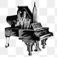 Vintage piano png cityscape sticker, transparent background.  Remixed by rawpixel.