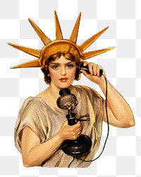 Statue of Liberty png making a call sticker, transparent background.  Remixed by rawpixel.