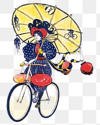 Vintage woman png sticker riding bicycle, transparent background.   Remixed by rawpixel.