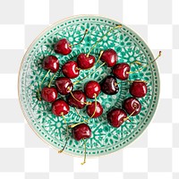 Fresh cherries png on a green plate flatlay in transparent background