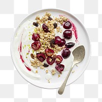 Greek yogurt png breakfast with cherries in transparent background