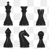 3D chess png pieces clipart, black minimal design set on transparent background