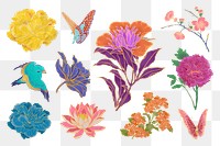 Japanese flowers png illustration sticker set, transparent background