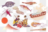Japanese seafood png illustration sticker set, transparent background