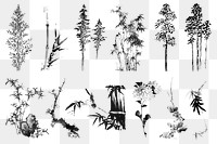 Japanese ink trees png illustration sticker set, transparent background