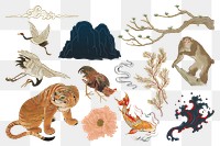 Japanese animals png illustration sticker set, transparent background