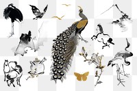 Japanese ink animals png illustration sticker set, transparent background