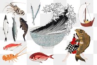 Oriental Japanese seafood png illustration sticker set, transparent background