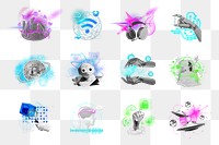 Digital remix png illustration sticker set, transparent background