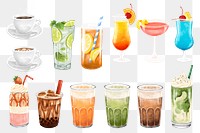 Drinks & beverages png illustration sticker set, transparent background
