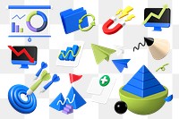 3D business icons png illustration sticker set, transparent background