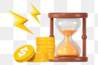 Time is money png sticker, 3D hourglass coins graphic, transparent background