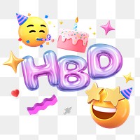 HBD png 3D word sticker typography, transparent background