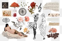 Aesthetic Ephemera png illustration sticker set, transparent background