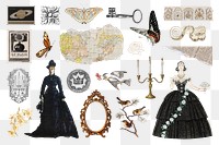 Vintage women Ephemera png illustration sticker set, transparent background