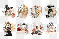 Women Ephemera remix png illustration sticker set, transparent background