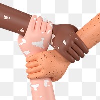 Diverse vitiligo png hands united, 3D rendering graphic, transparent background