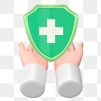 Health insurance png sticker, 3D hand presenting shield, transparent background