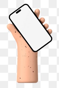 Freckled hand png holding smartphone, blank screen, transparent background