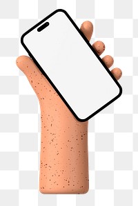 Freckled hand png holding smartphone, blank screen, transparent background