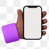 Hand holding smartphone png, blank screen in 3D design, transparent background