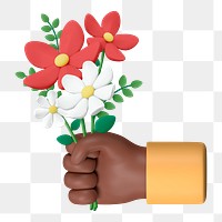 Hand holding flower png bouquet, 3D graphic, transparent background