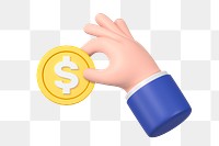 Hand holding coin png sticker, money and finance 3D graphic, transparent background