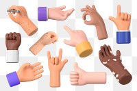 3D diverse png hand gestures set, transparent background