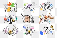 Business marketing doodles png illustration sticker set, transparent background