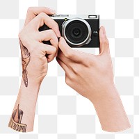 Hands holding camera png sticker, transparent background