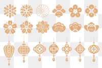 Chinese flowers lanterns png sticker, festive decorations set, transparent background