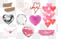 3D hearts png sticker, aesthetic Valentine's collage element set, transparent background