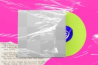 PNG vinyl record cover mockup, transparent product packaging design with plastic wrap texture