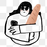 Woman hugging baguette png sticker, Parisian lifestyle doodle, transparent background
