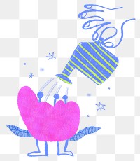 Hand watering flower png sticker, plant doodle, transparent background