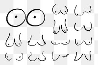 Breasts doodles png set, edgy women's health and breast cancer awareness illustrations on transparent background