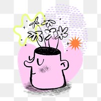 Head growing flowers png sticker, self-growth doodle, transparent background