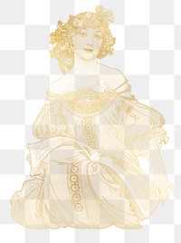 Alphonse Mucha's png gold vintage woman sticker, art nouveau illustration on transparent background, remixed by rawpixel