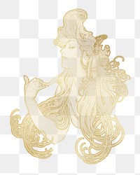 Alphonse Mucha's png gold vintage woman sticker, art nouveau illustration on transparent background, remixed by rawpixel