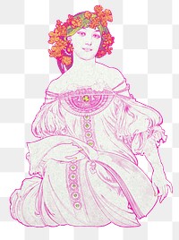 Alphonse Mucha's png F Champenois sticker, vintage woman illustration on transparent background, remixed by rawpixel