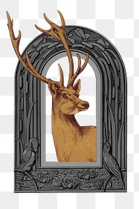 Deer badge png animal frame sticker, transparent background, remixed by rawpixel