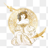 Alphonse Mucha's png gold vintage woman sticker, art nouveau illustration on transparent background, remixed by rawpixel