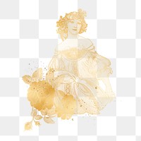 Alphonse Mucha's png gold vintage woman sticker, floral aesthetic illustration on transparent background, remixed by rawpixel